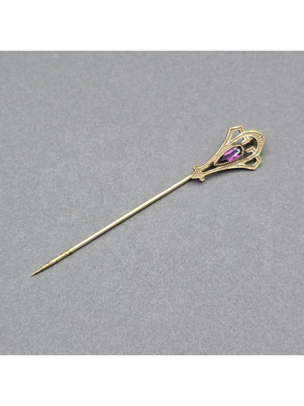 Vintage Art Deco Gold Tone Purple Glass Stick Pin 3" Geometric Lapel Tie